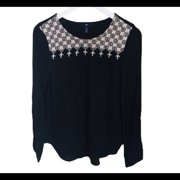 GAP Boho Embroidery Peasant Blouse With Long Sleeves Black/Ivory Size XS - Picture 12 of 15